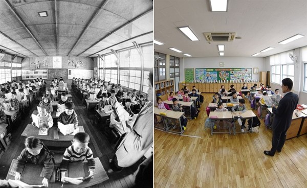 한반에 90명이었던 1967년 사진(왼쪽)과 한반에 27명인 현재의 모습인 서울 숭덕초등학교(사진=한국일보)
