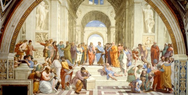 라파엘로의 아테네학당. 가운데 두 사람이 플라톤과 아리스토텔레스다. (사진=네이버 지식백과)