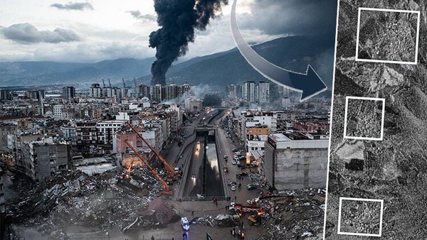 건물이 무너져 폐허가 된 도시, 우측은 위성으로 본 사진이다. (사진출처_ 터키 현지 휴리엣 신문)
