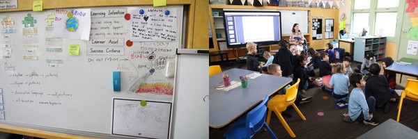 호주 에인즐리 초등학교의 교실 칠판(왼쪽)과 수업 모습[촬영 성도현]