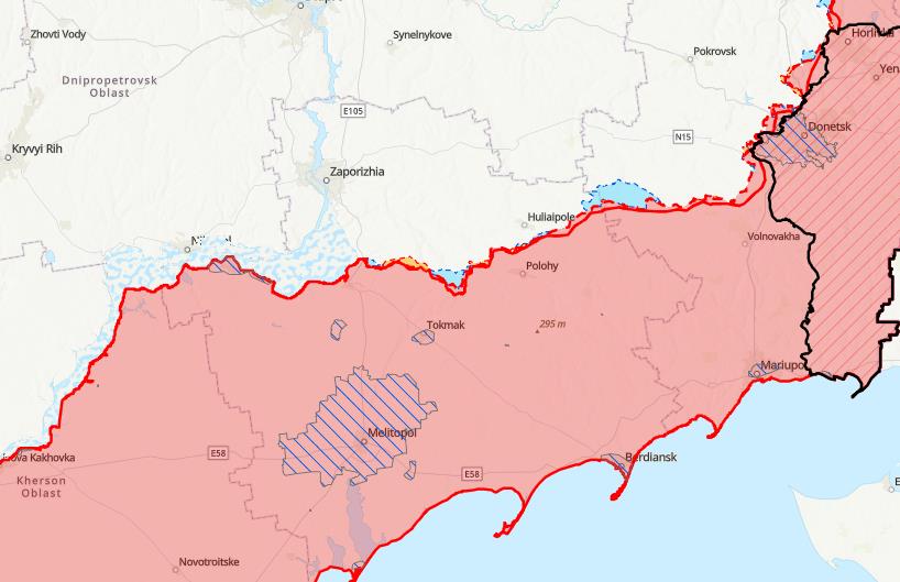 우크라 남부 전선 지도하늘색이 우크라 탈환 지역, 붉은 색이 러시아 점령 지역 [싱크탱크 전쟁연구소(ISW) 제공 지도 캡처. 재판매 및 DB 금지]