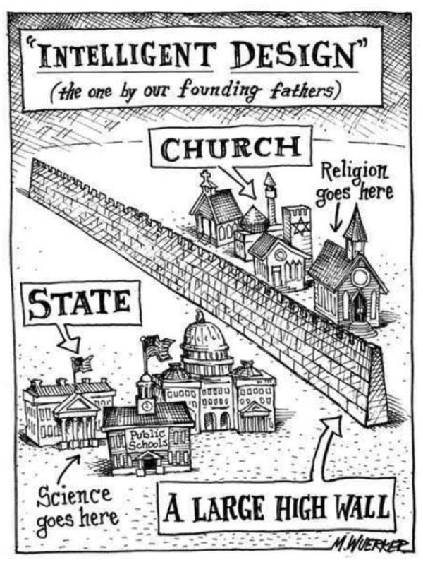 교회와 국가 사이에 높은 벽이 세워져 있는 풍자 만평